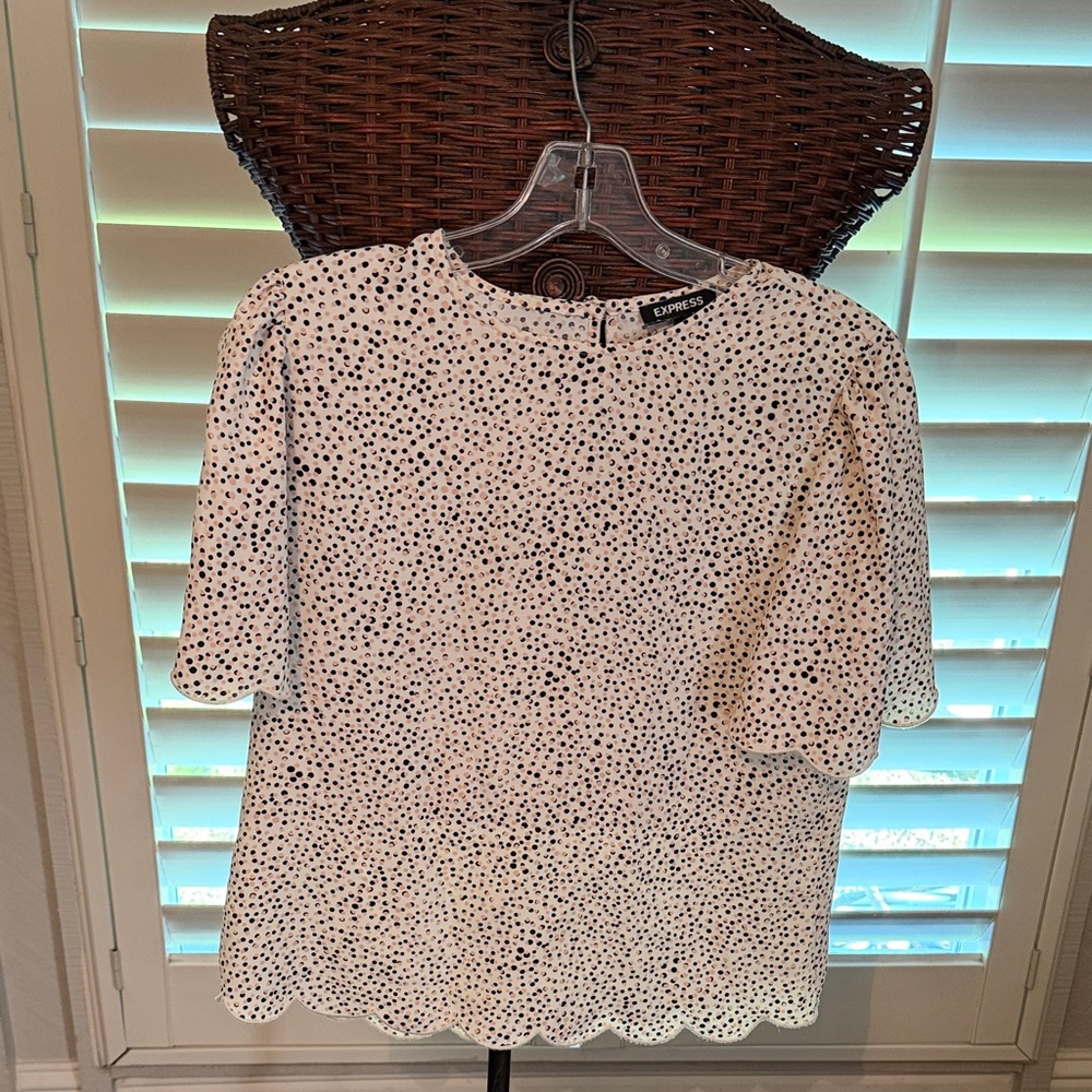 Express White Scallop Hem Blouse with Black Dot Print